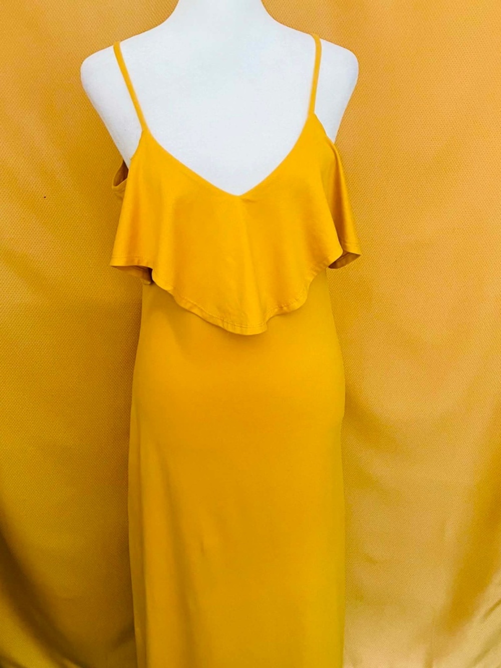Cold Off The Shoulder Ruffle Top Spaghetti Strap Yellow Maxi Dress Size Boho M